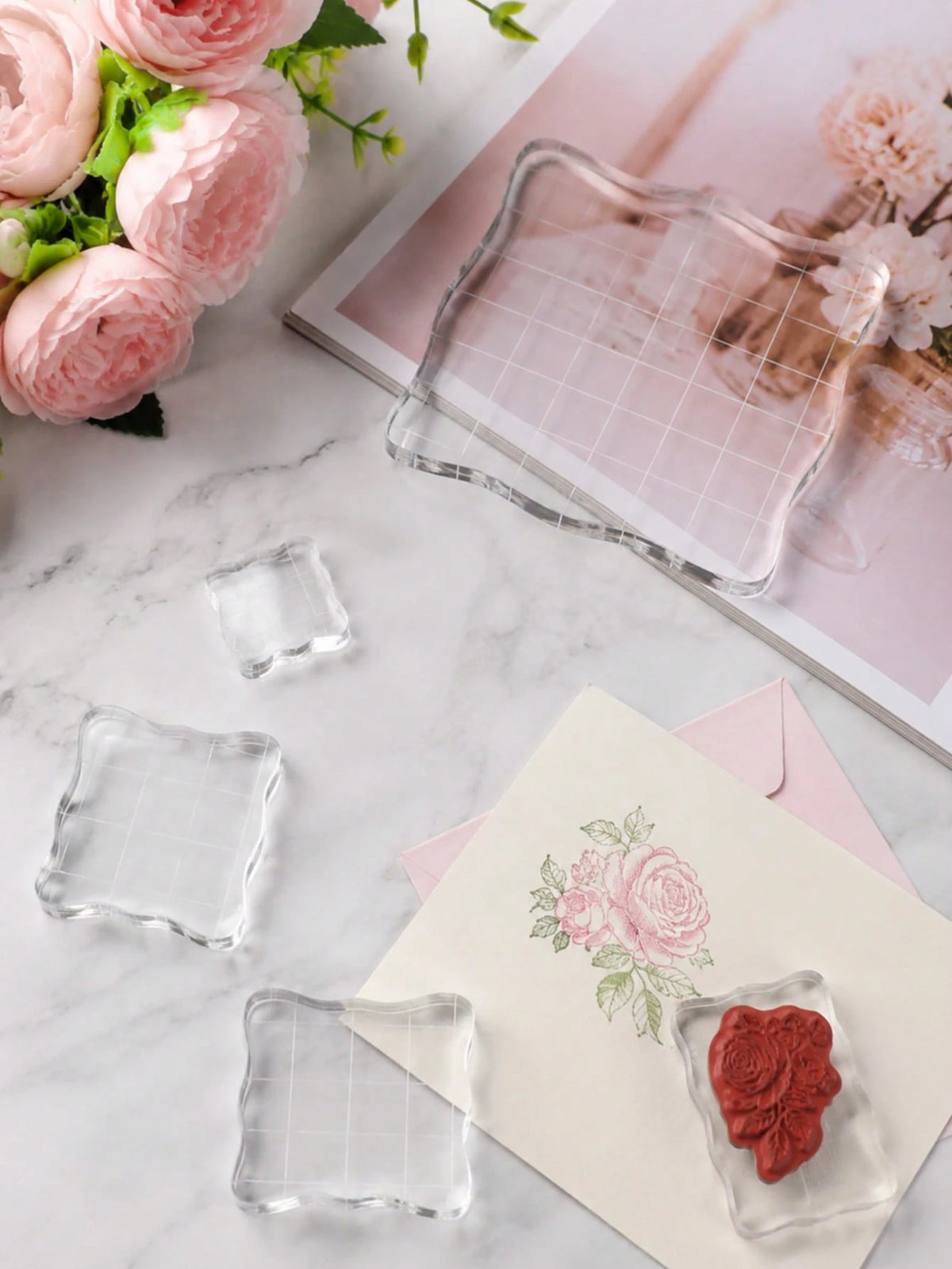 3/5pcs Acrylic Stamp Base, Multiple Sizes Transparent Stamp Blocks With Grid Lines, Suitable For Handmade Crafts, Essential Decorative DIY Stamp Tool (Lace Edge)