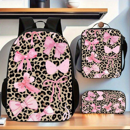 3pcs Leopard Print Backpack Set- Large Capacity Double Shoulder Bag, Handbag & Lunch Box With Adjustable Straps, Lightweight & Durable For Daily Commute, Casual Style, Backpack For School, Playful De