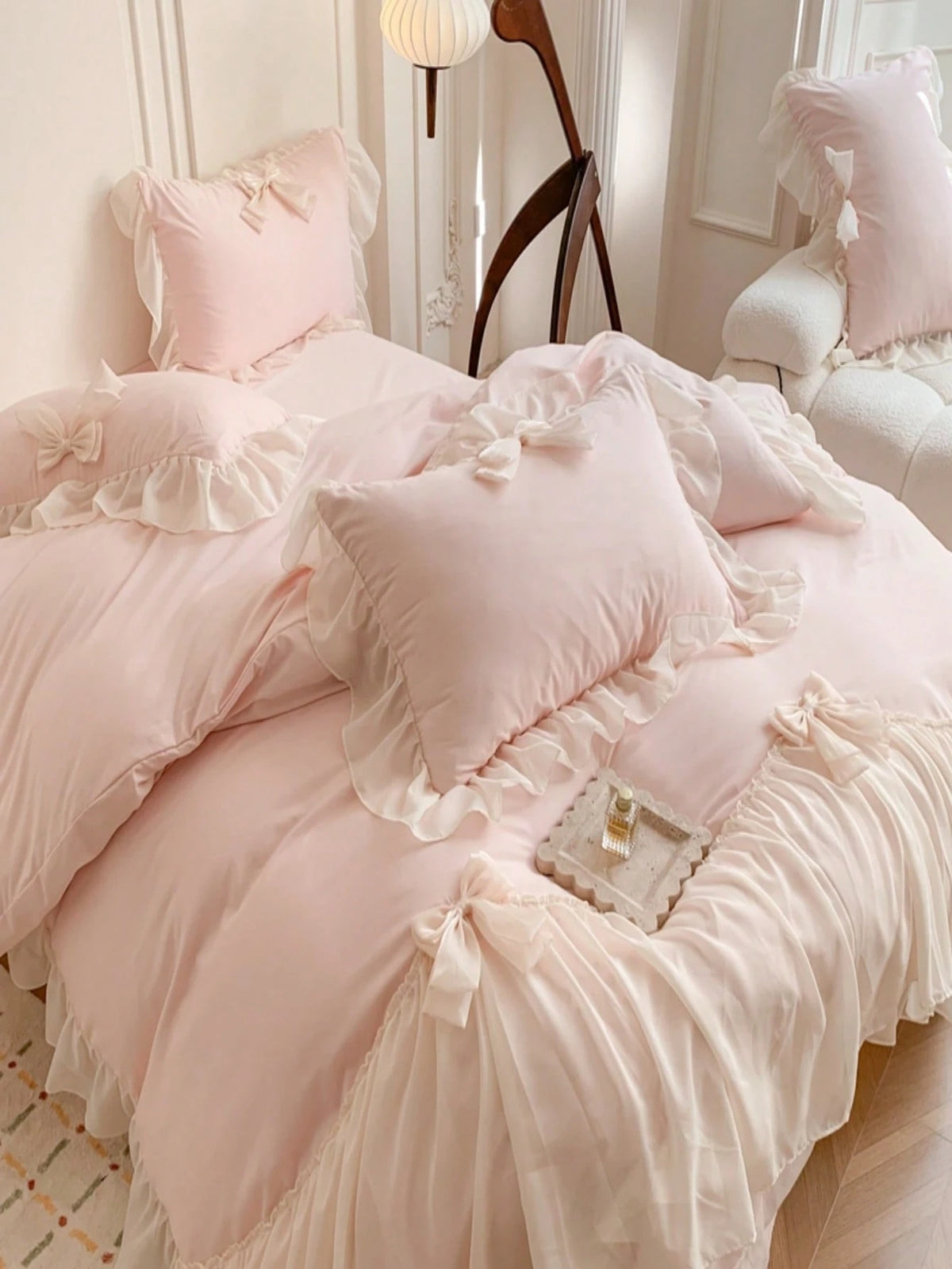 3pcs Princess Style Lace Bedding Set, White With Bow Decor Duvet Cover And Pillow Cases