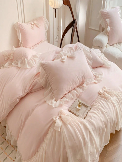 3pcs Princess Style Lace Bedding Set, White With Bow Decor Duvet Cover And Pillow Cases