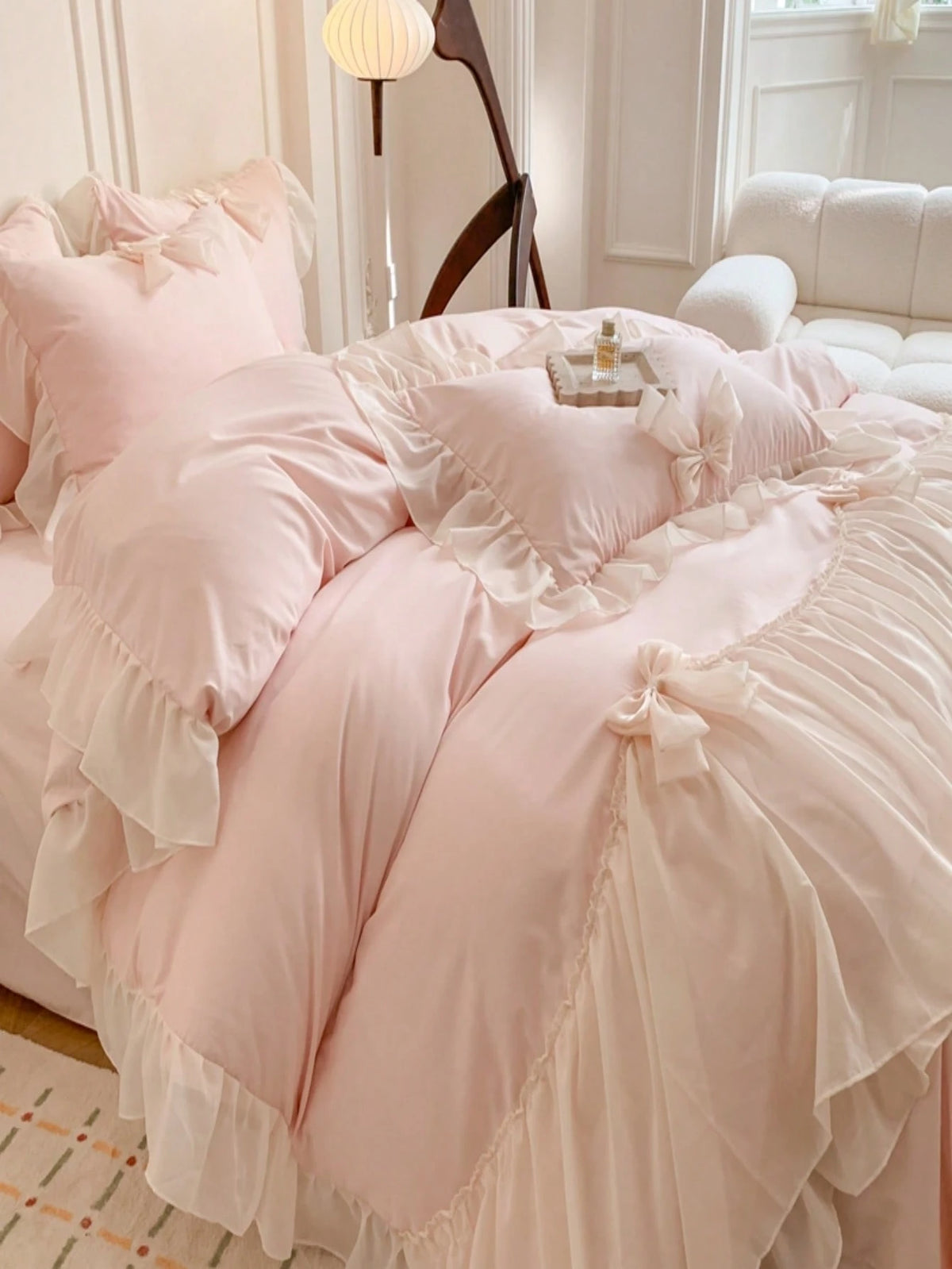 3pcs Princess Style Lace Bedding Set, White With Bow Decor Duvet Cover And Pillow Cases