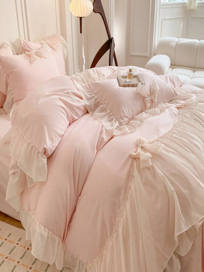 3pcs Princess Style Lace Bedding Set, White With Bow Decor Duvet Cover And Pillow Cases