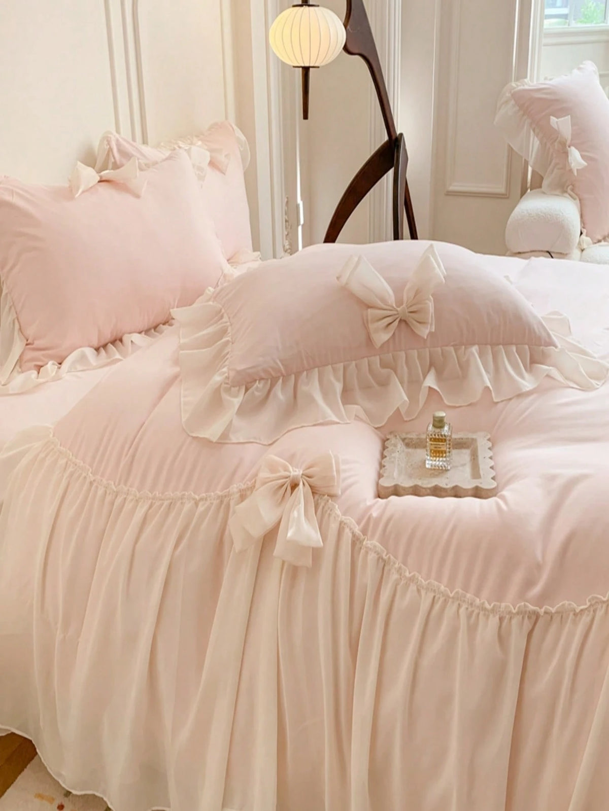 3pcs Princess Style Lace Bedding Set, White With Bow Decor Duvet Cover And Pillow Cases