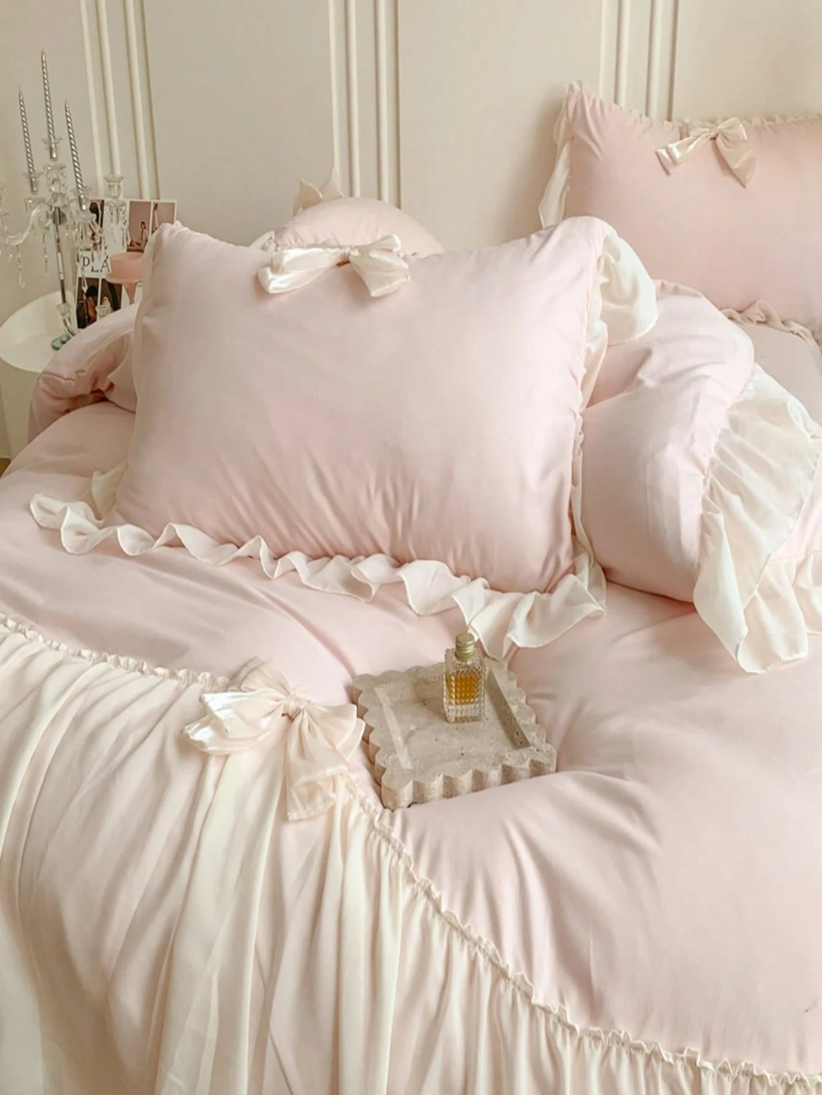 3pcs Princess Style Lace Bedding Set, White With Bow Decor Duvet Cover And Pillow Cases