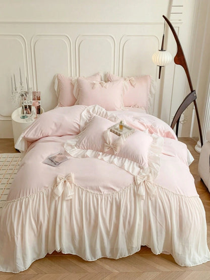 3pcs Princess Style Lace Bedding Set, White With Bow Decor Duvet Cover And Pillow Cases