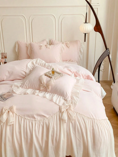 3pcs Princess Style Lace Bedding Set, White With Bow Decor Duvet Cover And Pillow Cases
