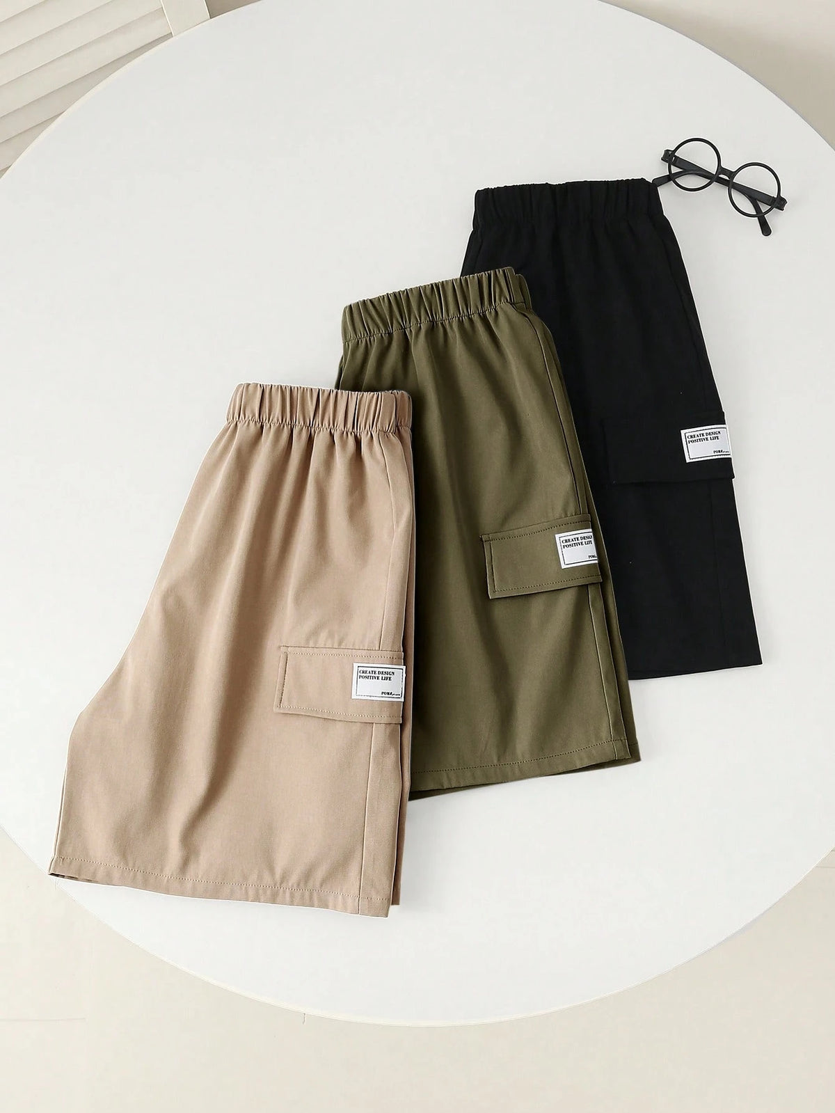 3pcs/Set Kids Young Boy Summer Casual Comfortable Solid Color & Checkered Patch Pocket Woven Shorts, White, Loose Fit Everyday School Vacation