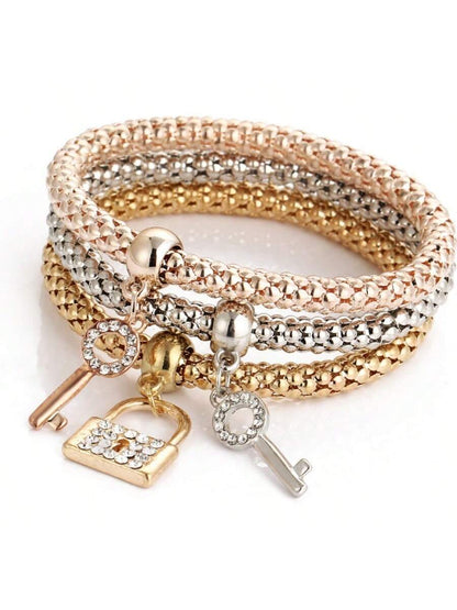 3pcs/Set Stackable Bracelet Set With Lock & Key Shaped Pendants- Perfect Gift For Women & Girls! Party Essential