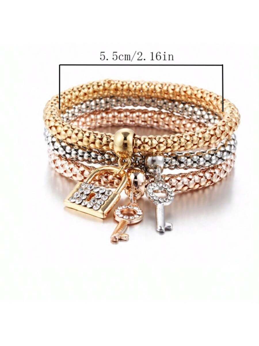 3pcs/Set Stackable Bracelet Set With Lock & Key Shaped Pendants- Perfect Gift For Women & Girls! Party Essential
