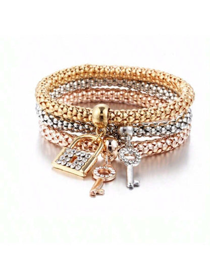 3pcs/Set Stackable Bracelet Set With Lock & Key Shaped Pendants- Perfect Gift For Women & Girls! Party Essential