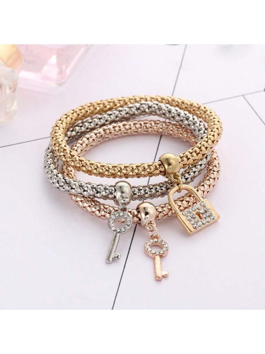 3pcs/Set Stackable Bracelet Set With Lock & Key Shaped Pendants- Perfect Gift For Women & Girls! Party Essential