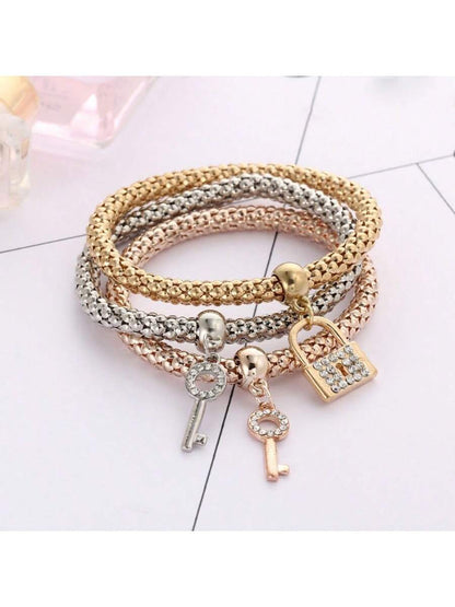 3pcs/Set Stackable Bracelet Set With Lock & Key Shaped Pendants- Perfect Gift For Women & Girls! Party Essential