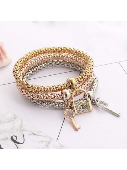 3pcs/Set Stackable Bracelet Set With Lock & Key Shaped Pendants- Perfect Gift For Women & Girls! Party Essential
