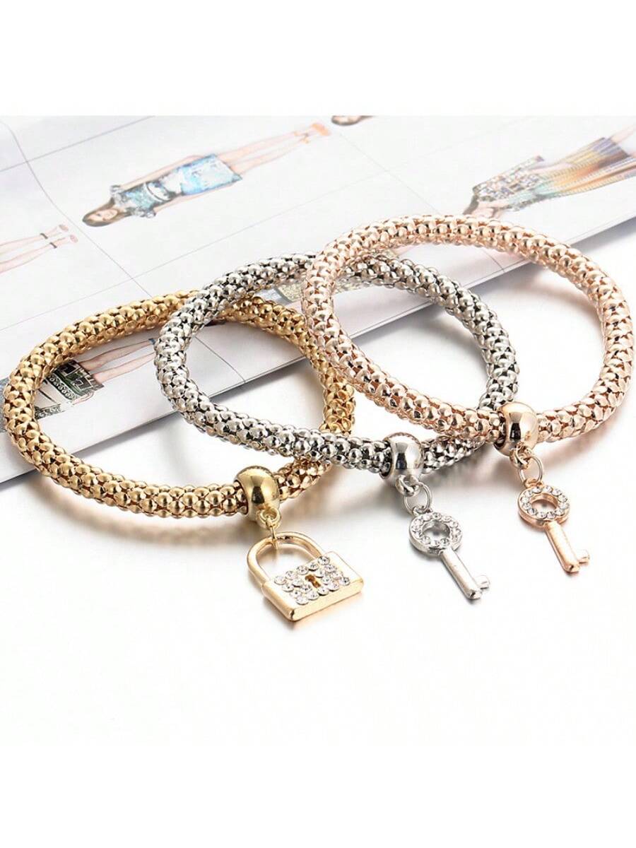 3pcs/Set Stackable Bracelet Set With Lock & Key Shaped Pendants- Perfect Gift For Women & Girls! Party Essential