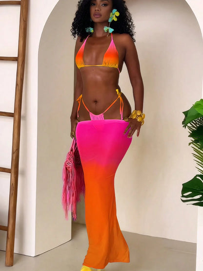 3pcs/Set Women Sexy Beach Bikini Set, Bright Ombre Solid Color Halter Bikini Swimwear Set With Long Mesh Skirt, Suitable For Holiday, Easter, Festival, Outings, Date Night, All Women's Clothing, Autum