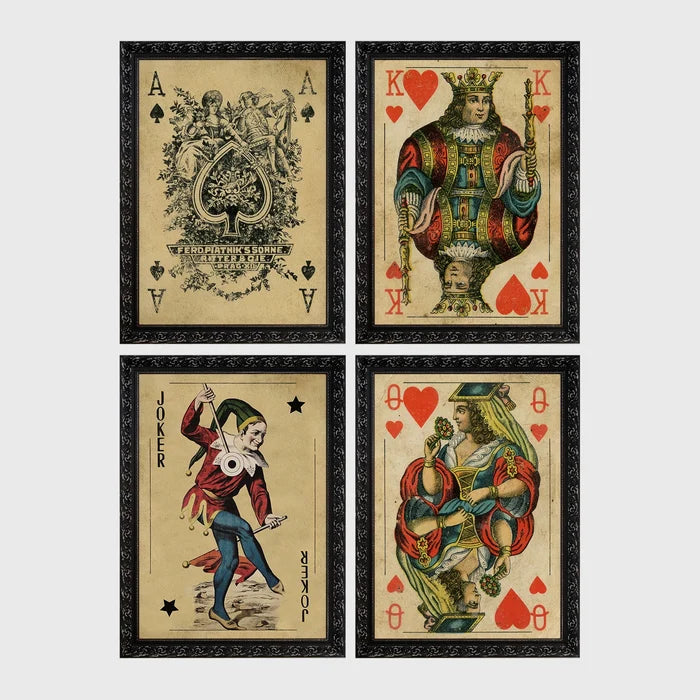 Set of 4 framed prints, French-style illustrated floral posters: "Fleurs et Feuilles" abstract flower vase illustration; "Galerie de Fleurs" illustration of a woman with flowers; "Le Jardin" wildflower garden illustration; and "Saison du Marché" pink flower illustration — unframed