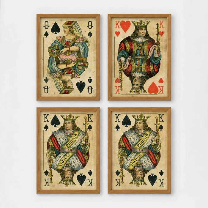 Set of 4 framed prints, vintage oversized playing cards: an Ace of Spades; a King of Hearts; a Joker; and a Queen of Hearts — unframed