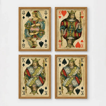 Set of 4 framed prints, vintage oversized playing cards: an Ace of Spades; a King of Hearts; a Joker; and a Queen of Hearts — unframed