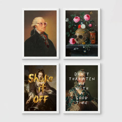Set of 4 framed prints, classical portraits with playful modern alterations: a classical portrait with a David Bowie-style lightning bolt face paint; a vintage geological map of Great Britain; a classical portrait with a black bandana over the face; and a classical scene with a glowing neon "open" sign overlay — unframed