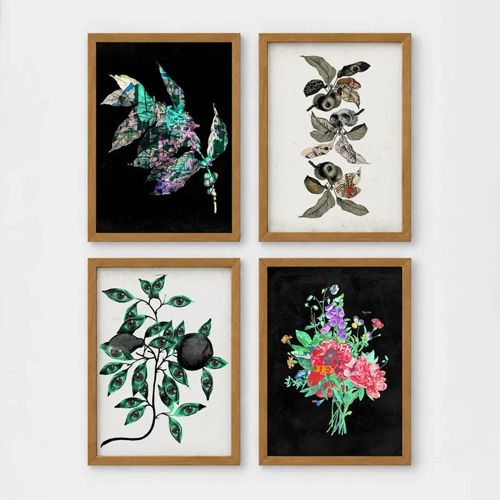 Set of 4 framed prints, flower market pattern prints: a "London Flower Market, New Covent Garden" pink floral pattern; a "The New London Flower Market, Covent Garden" red floral pattern; a "Tokyo Flower Market" green floral pattern; and a "Madrid Flower Market" blue floral pattern — unframed