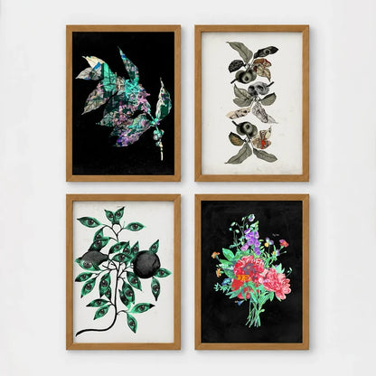 Set of 4 framed prints, flower market pattern prints: a "London Flower Market, New Covent Garden" pink floral pattern; a "The New London Flower Market, Covent Garden" red floral pattern; a "Tokyo Flower Market" green floral pattern; and a "Madrid Flower Market" blue floral pattern — unframed