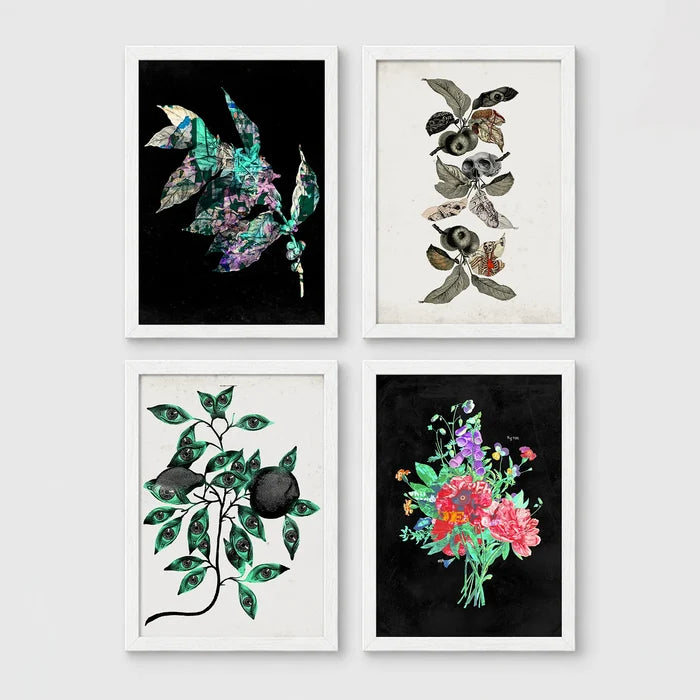 Set of 4 framed prints, flower market pattern prints: a "London Flower Market, New Covent Garden" pink floral pattern; a "The New London Flower Market, Covent Garden" red floral pattern; a "Tokyo Flower Market" green floral pattern; and a "Madrid Flower Market" blue floral pattern — unframed