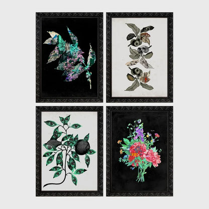 Set of 4 framed prints, flower market pattern prints: a "London Flower Market, New Covent Garden" pink floral pattern; a "The New London Flower Market, Covent Garden" red floral pattern; a "Tokyo Flower Market" green floral pattern; and a "Madrid Flower Market" blue floral pattern — unframed