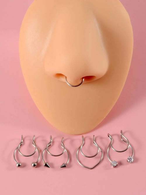 5pcs/Set Stainless Steel, Simple & Stylish Rhinestone Detail Nose Cuff For Women And Men, Punk Non Piercing, A Fashionable Body Jewelry Gift For Any Occasion