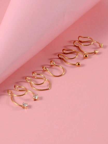 5pcs/Set Stainless Steel, Simple & Stylish Rhinestone Detail Nose Cuff For Women And Men, Punk Non Piercing, A Fashionable Body Jewelry Gift For Any Occasion