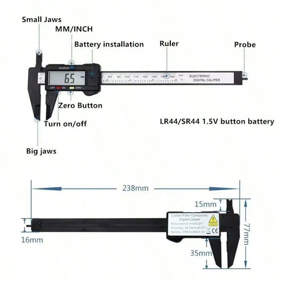 6 Inch/150mm Digital Electronic Caliper, Carbon Fiber Dial Vernier Caliper Micrometer Measuring Tool