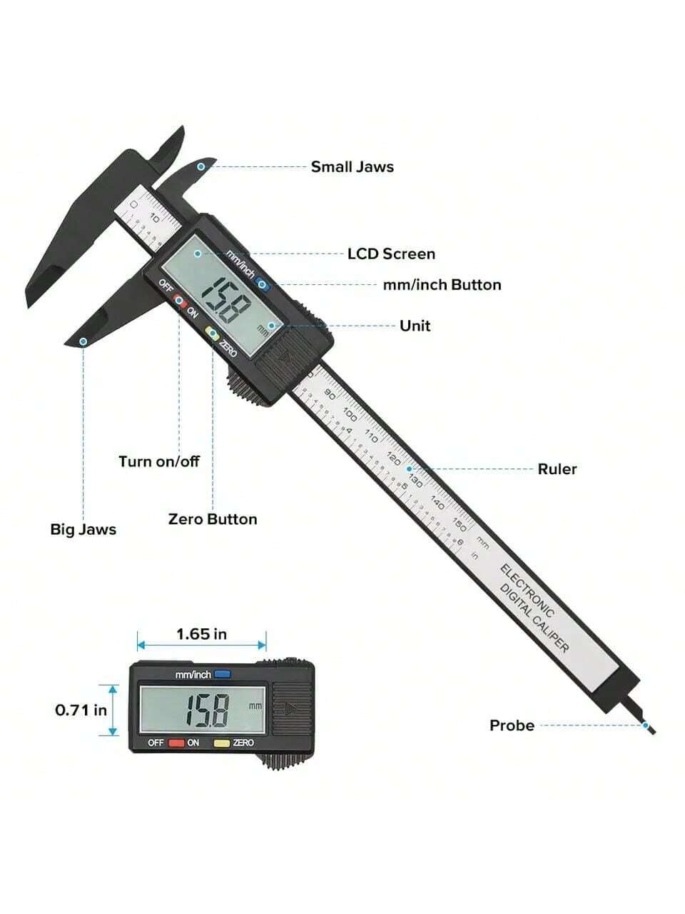 6 Inch/150mm Digital Electronic Caliper, Carbon Fiber Dial Vernier Caliper Micrometer Measuring Tool