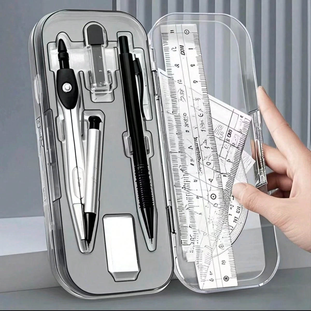 8pcs/Set Minimalist Transparent Compass And Ruler Set, Precise Drawing Tools, Designed For Students, Suitable For Student Use, School Math And Geometry Homework, Back To School Essential