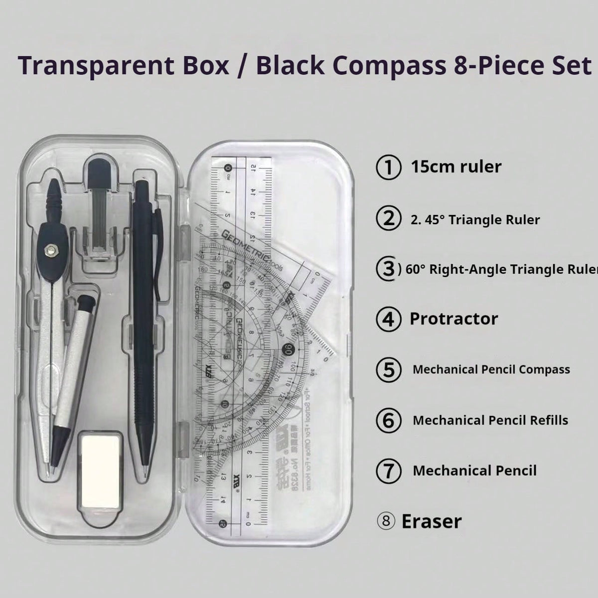 8pcs/Set Minimalist Transparent Compass And Ruler Set, Precise Drawing Tools, Designed For Students, Suitable For Student Use, School Math And Geometry Homework, Back To School Essential