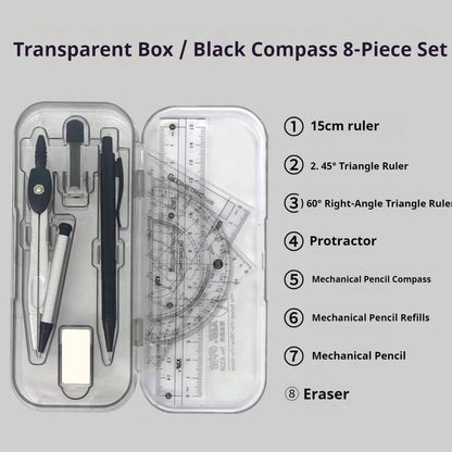 8pcs/Set Minimalist Transparent Compass And Ruler Set, Precise Drawing Tools, Designed For Students, Suitable For Student Use, School Math And Geometry Homework, Back To School Essential