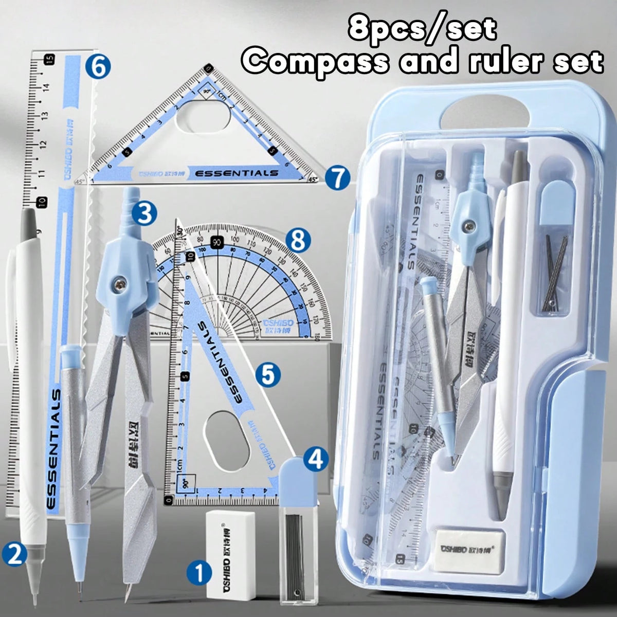 8pcs/Set Minimalist Transparent Compass & Ruler Set, Precise Drawing Tools Designed For Students, Suitable For School Math & Geometry Homework, Back To School