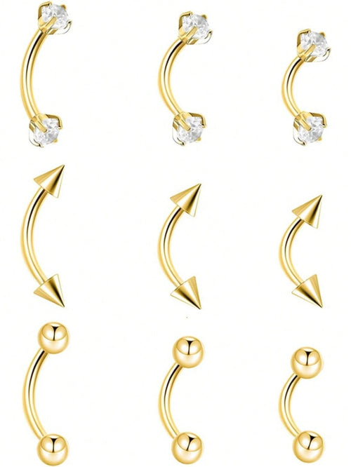 9PCS Gold Eyebrow Piercing Jewelry, Rook Jewelry Gold Silver Eyebrow Rings For Women Men CZ Tiny Labret Lip Daith Helix Tragus 16G 6mm/8mm/10mm