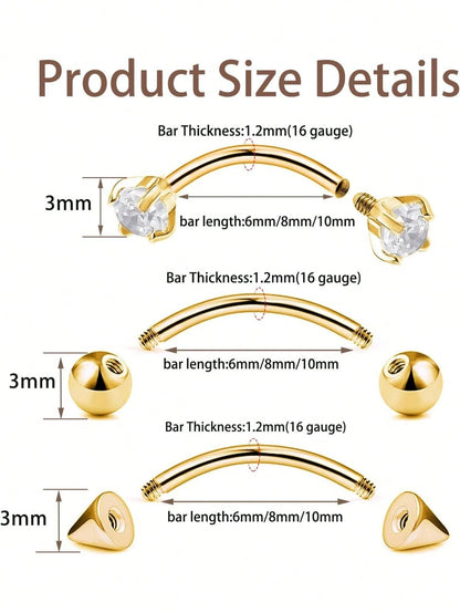 9PCS Gold Eyebrow Piercing Jewelry, Rook Jewelry Gold Silver Eyebrow Rings For Women Men CZ Tiny Labret Lip Daith Helix Tragus 16G 6mm/8mm/10mm