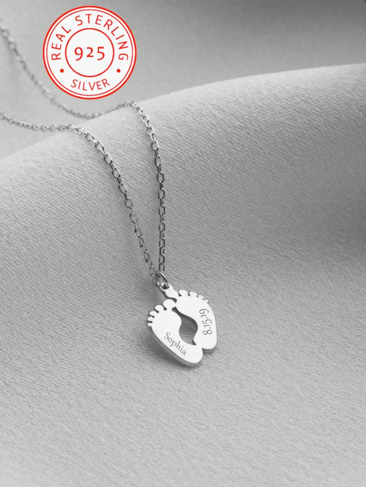 A 925 Silver Warm And Lovely, Uniquely Designed Custom Necklace With Footprint Pendant Can Be Engraved With English Names And Birthdays Of Family Members. It Is A Well-Made Jewellery Accessory Gift Fo