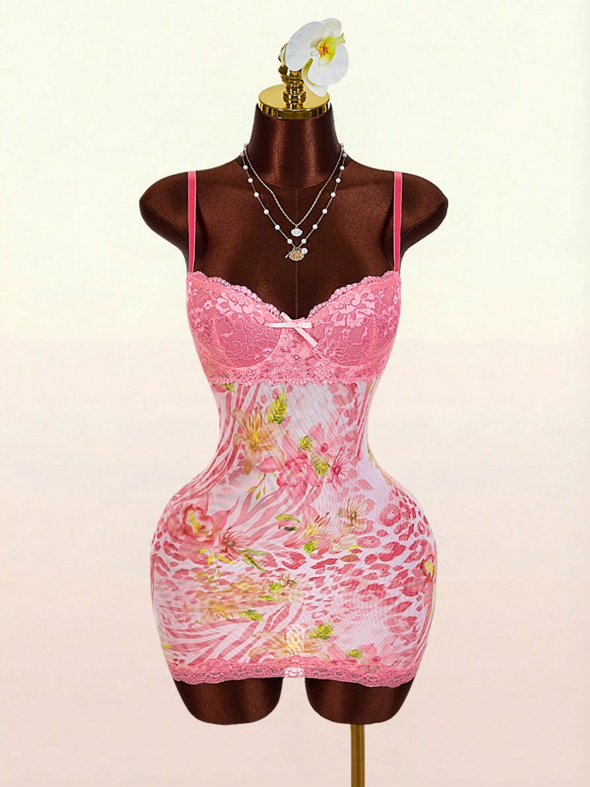 Amplova Pink Leopard Print,Summer,Cute,Club Night Lace Cup Detail Tropical Floral Mesh Bodycon Mini Dress For Women,Y2k Elegant Party Wedding Guest Outfits