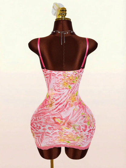 Amplova Pink Leopard Print,Summer,Cute,Club Night Lace Cup Detail Tropical Floral Mesh Bodycon Mini Dress For Women,Y2k Elegant Party Wedding Guest Outfits