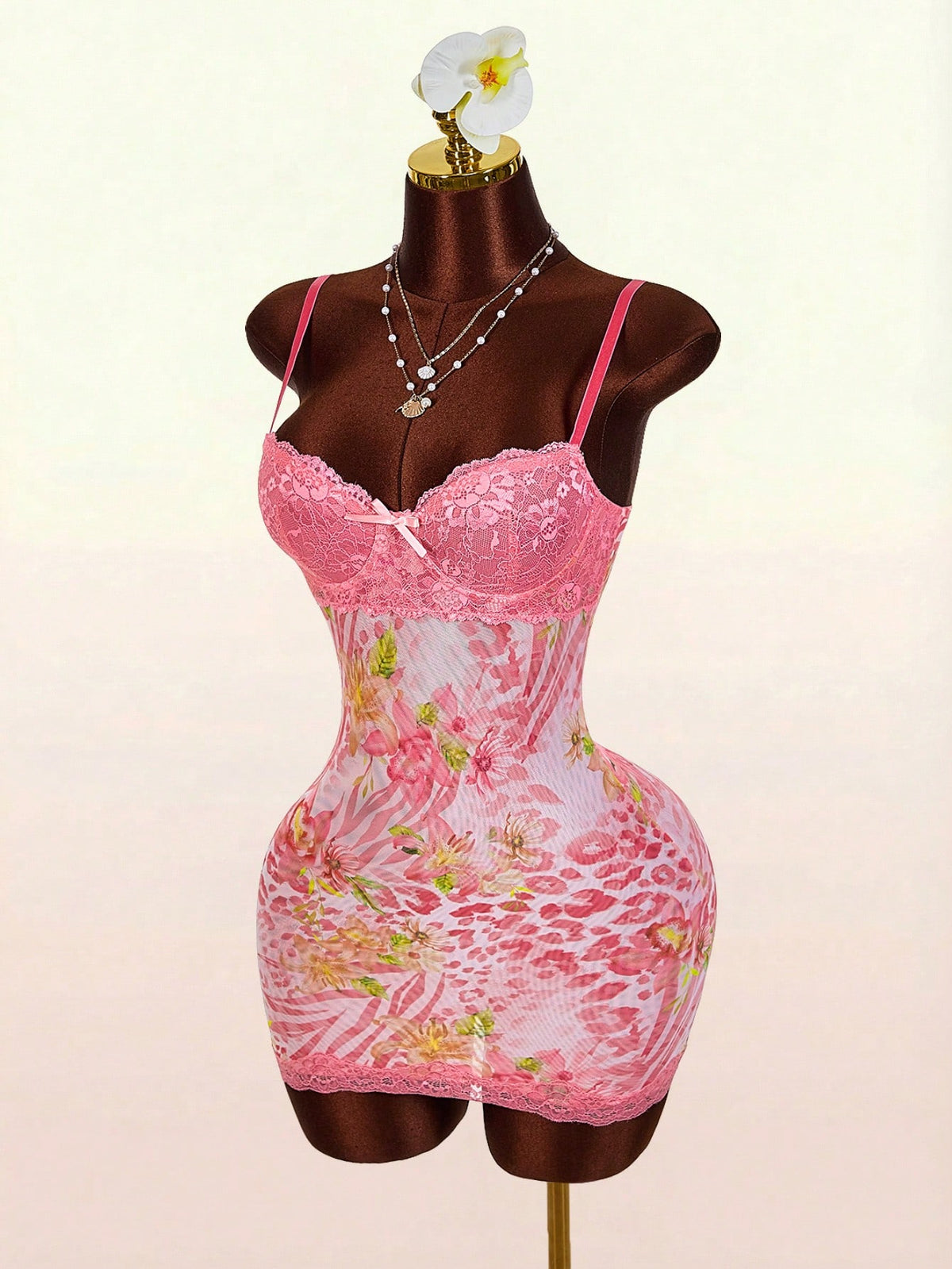 Amplova Pink Leopard Print,Summer,Cute,Club Night Lace Cup Detail Tropical Floral Mesh Bodycon Mini Dress For Women,Y2k Elegant Party Wedding Guest Outfits