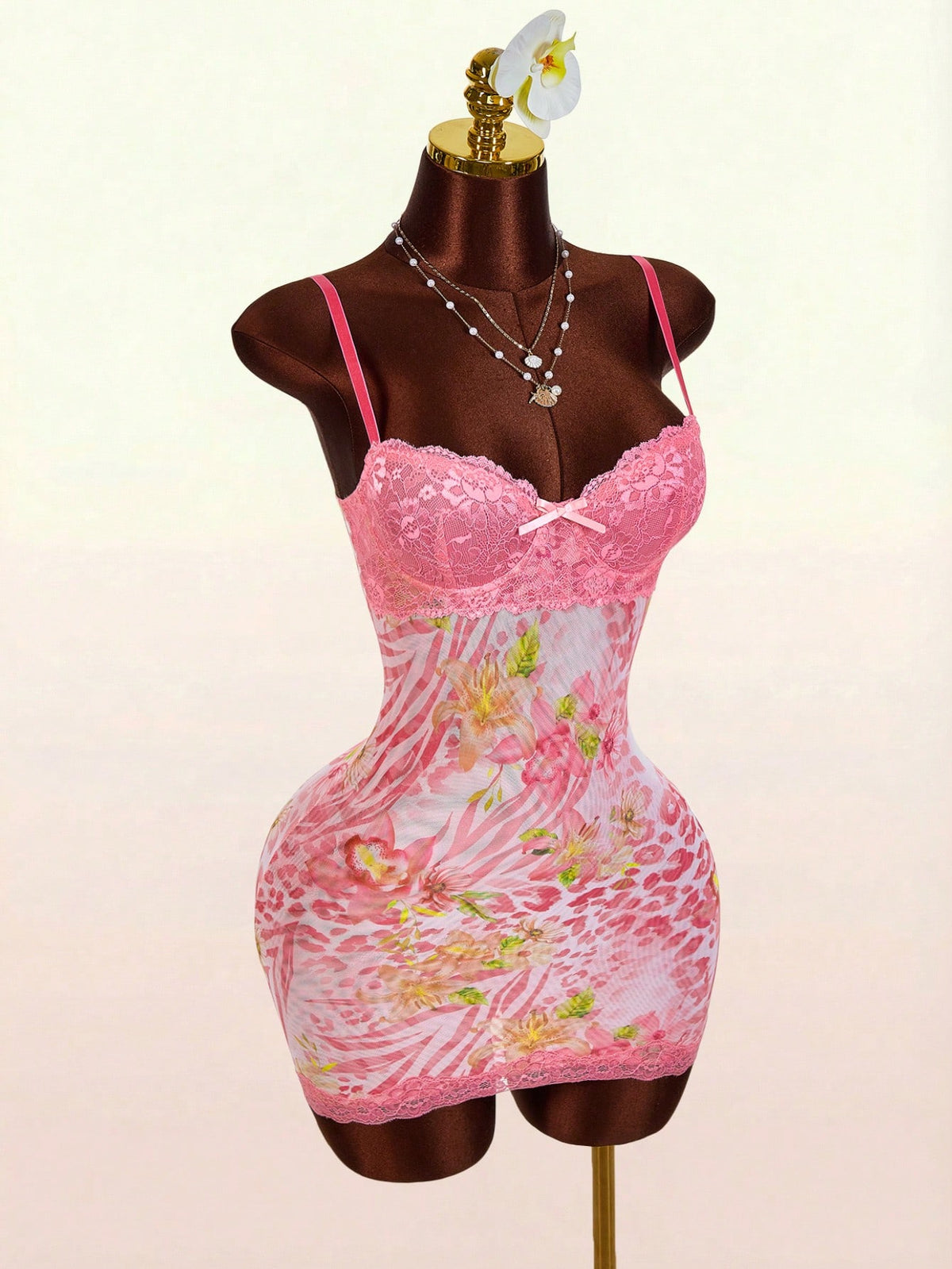 Amplova Pink Leopard Print,Summer,Cute,Club Night Lace Cup Detail Tropical Floral Mesh Bodycon Mini Dress For Women,Y2k Elegant Party Wedding Guest Outfits