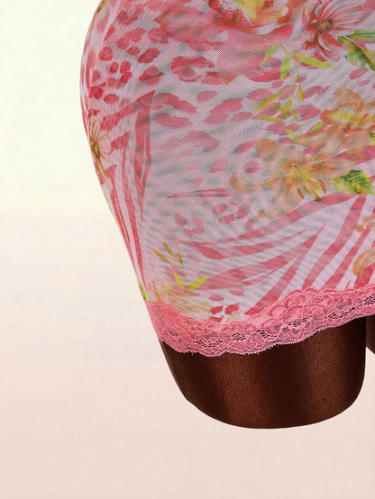 Amplova Pink Leopard Print,Summer,Cute,Club Night Lace Cup Detail Tropical Floral Mesh Bodycon Mini Dress For Women,Y2k Elegant Party Wedding Guest Outfits