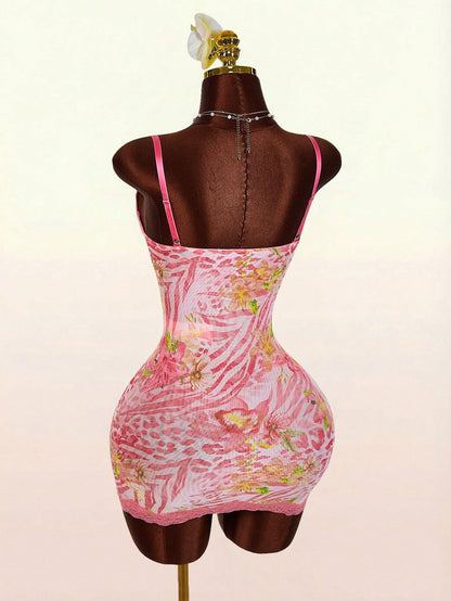 Amplova Pink Leopard Print,Summer,Cute,Club Night Lace Cup Detail Tropical Floral Mesh Bodycon Mini Dress For Women,Y2k Elegant Party Wedding Guest Outfits
