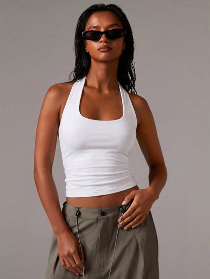 Athîral Women's Casual Basic Solid Color Suspender Knitted Top, Soft And Comfortable Elastic Knitted Top, Date Party Set, Multifunctional White Seasonal Item