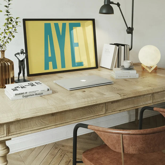 Aye Typography Quote Print - Duck Egg Blue framed home office wall art