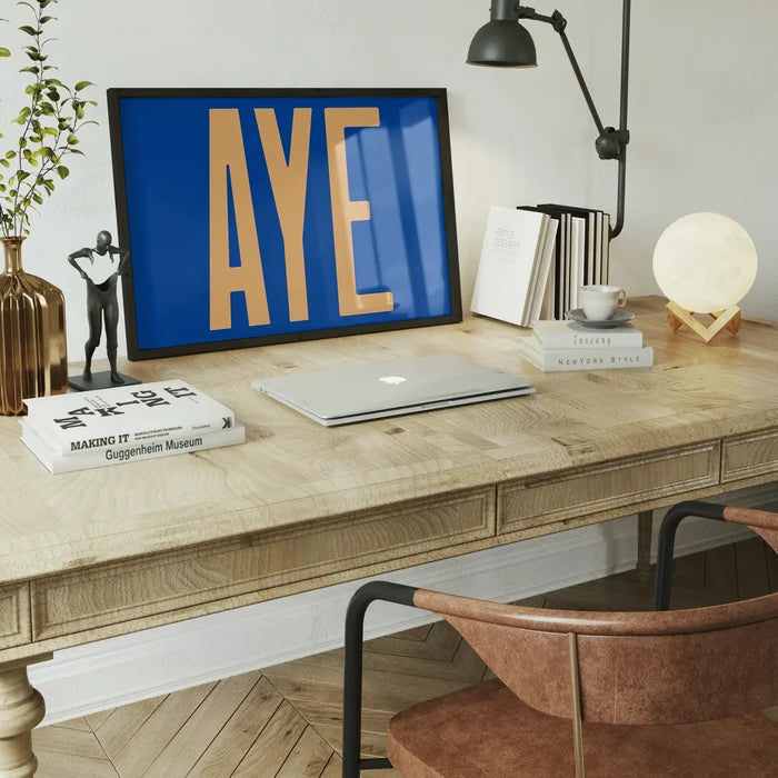 Aye Typography Quote Print - Peach framed home office wall art