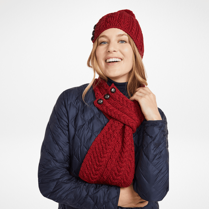 Ballina Aran Buttoned Red Loop Scarf