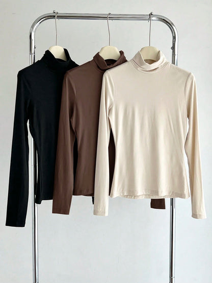 BASICS 3pcs/Set Solid Color Knit Mock Neck Straight Shoulder Long Sleeve Fitted Women Undershirt Tops For W