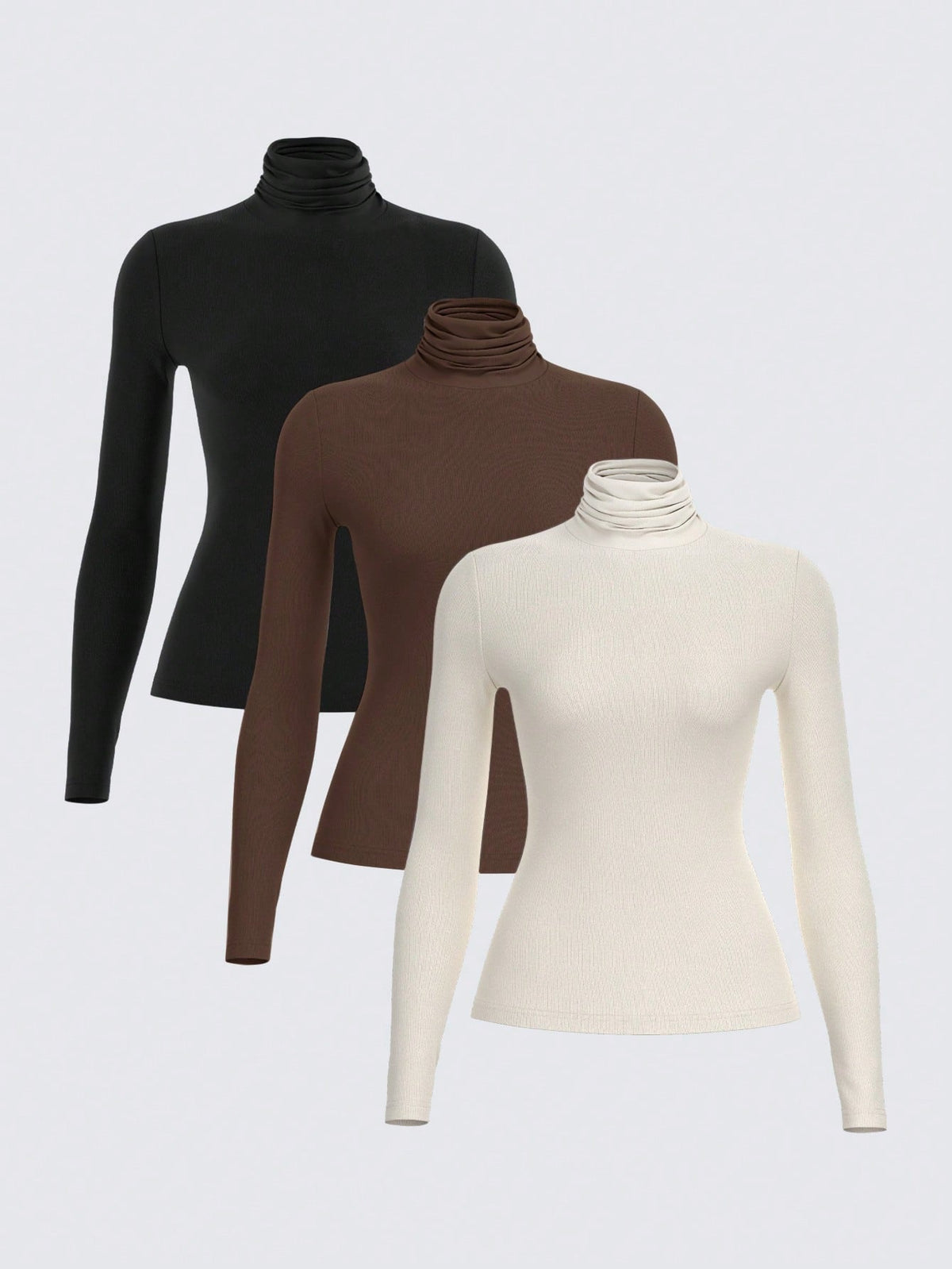 BASICS 3pcs/Set Solid Color Knit Mock Neck Straight Shoulder Long Sleeve Fitted Women Undershirt Tops For W